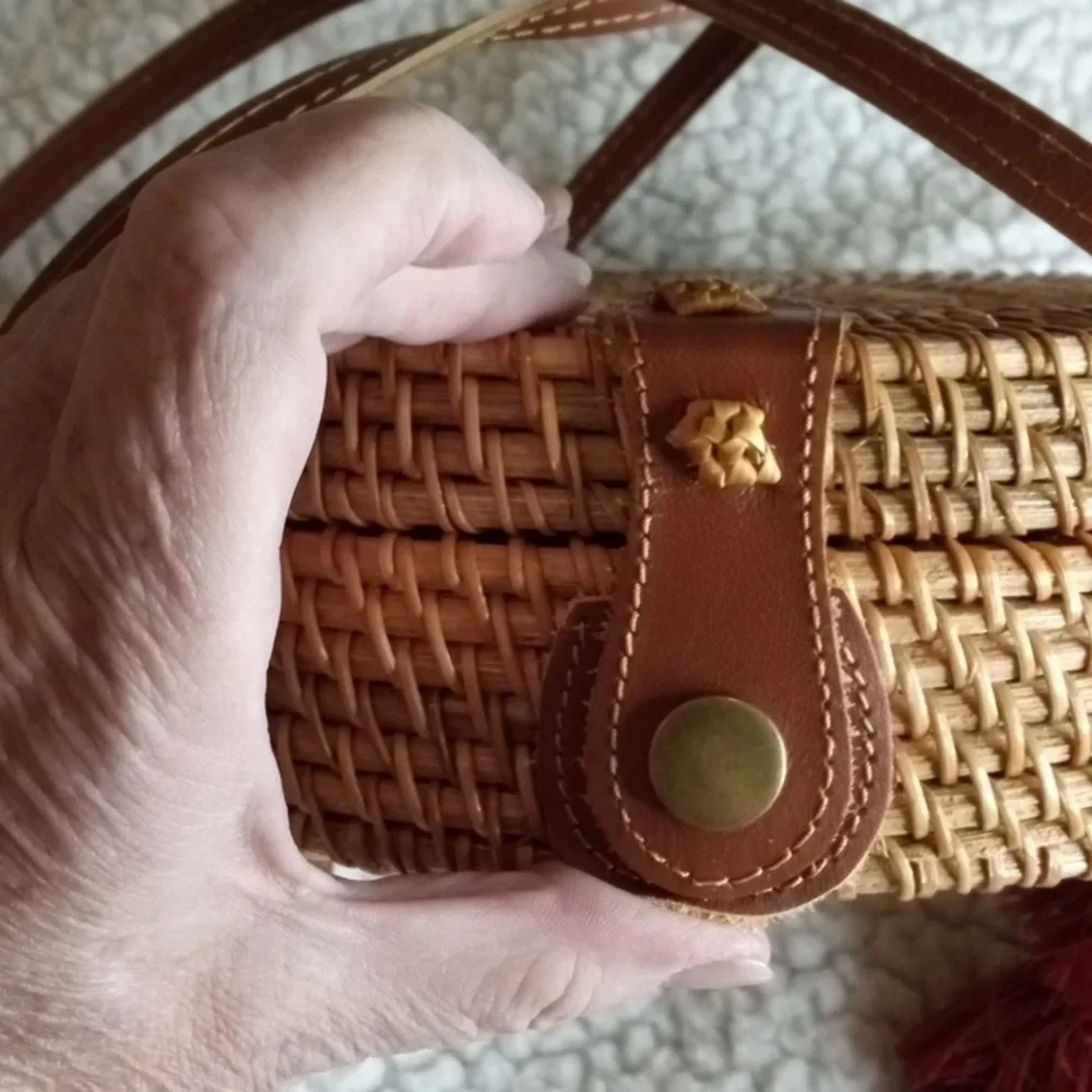 Round woven wicker purse with leather crossbody.  Check out pics!  NWT